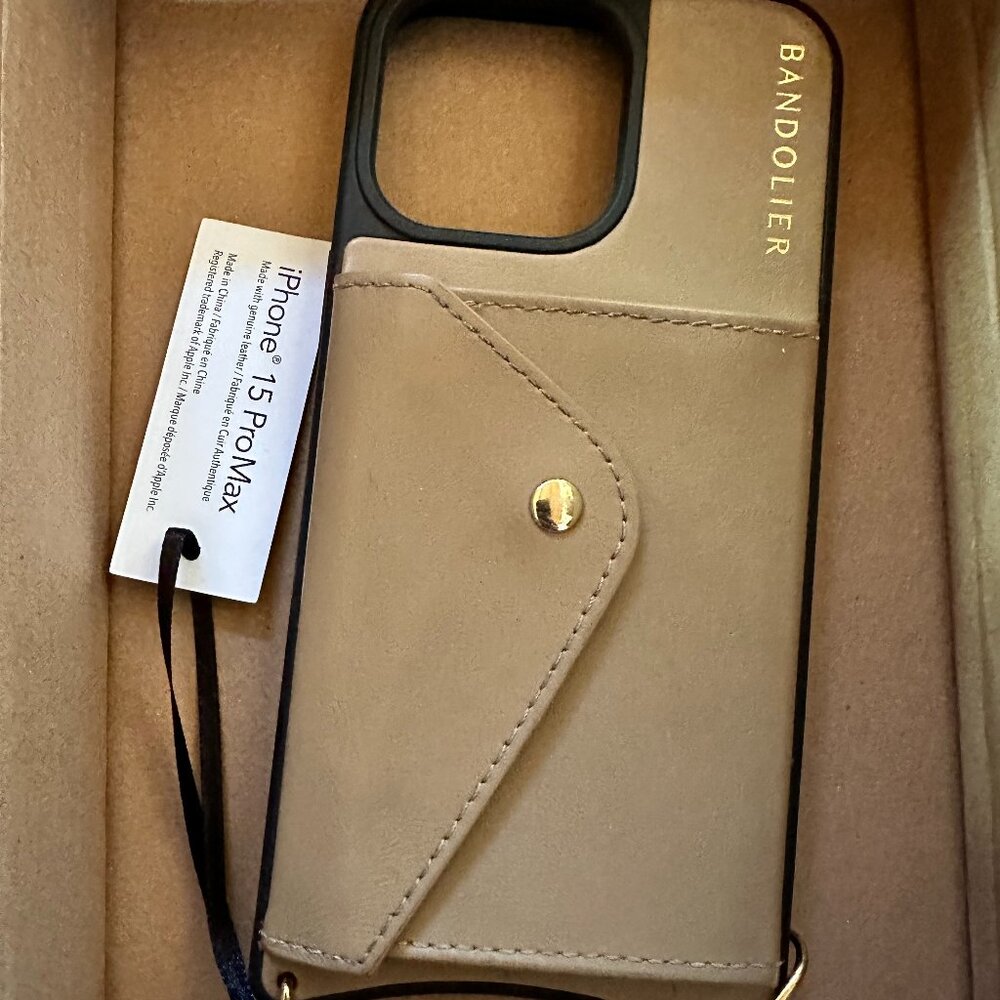 Bandolier designer phone case cross body bag iPhone 15 ProMax strap tan gold